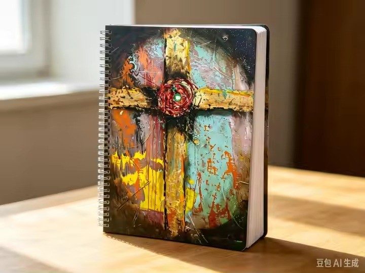 Rustic Cross art notebook by Tracee Gentry Matthews, spiral notebook on a table