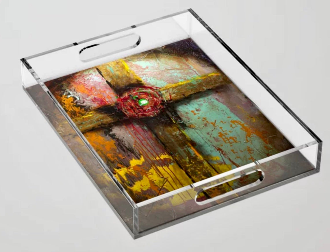 Acrylic serving tray with cross painting by Tracee Gentry Matthews