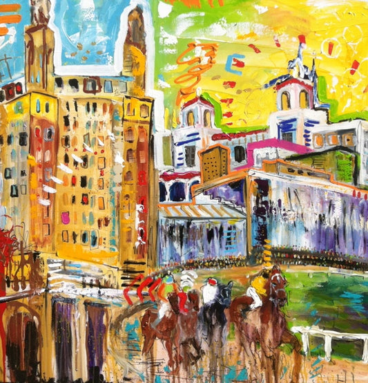 Hot Springs with horses racing at Oaklawn, painting by Tracee Gentry Matthews, sold