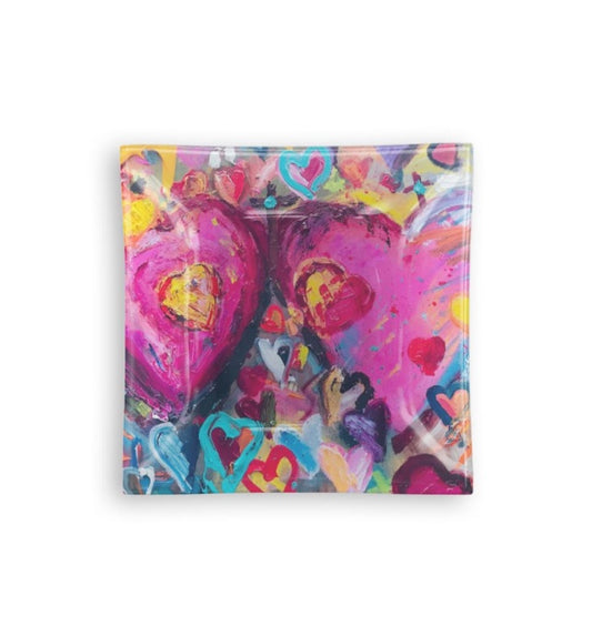 Glass tray with painted hearts by Tracee Gentry Matthews
