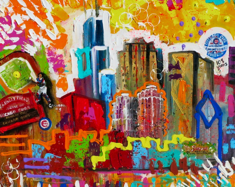 Chicago and the Cubs winning the World Series, cityscape painting by Tracee Gentry Matthews, sold