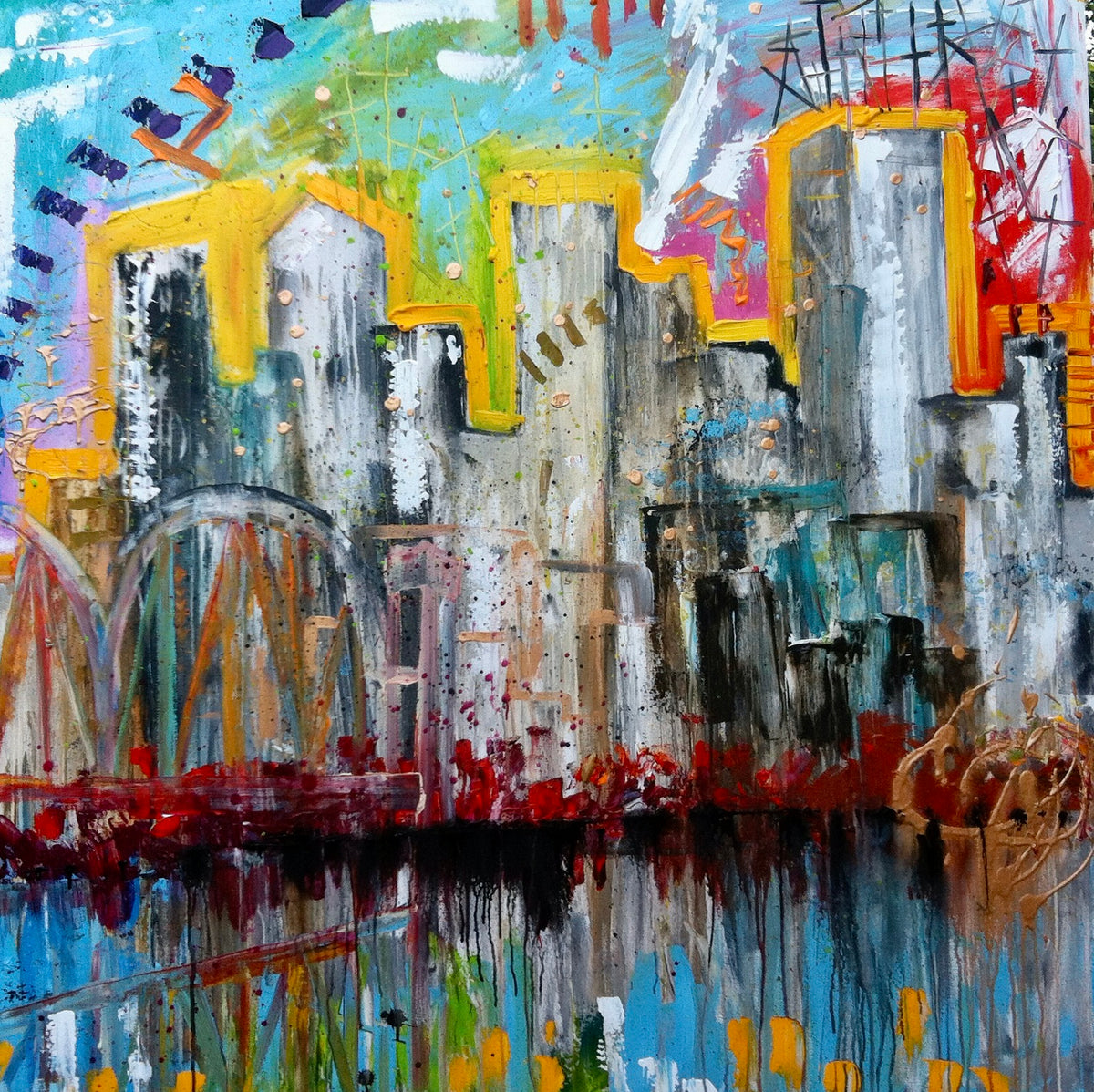 Abstract cityscape commission painting by Tracee Gentry Matthews, sold