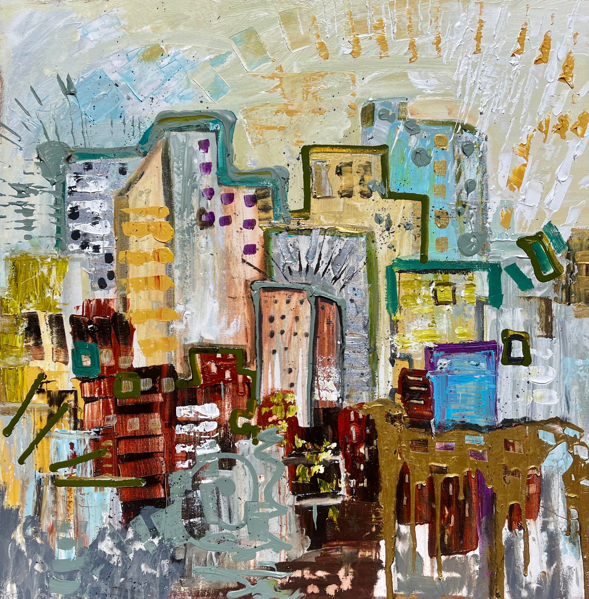 City Life, 36x36 inch large original cityscape painting by Tracee Gentry Matthews