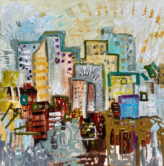 Colorful cityscape painting by Tracee Gentry Matthews, sold
