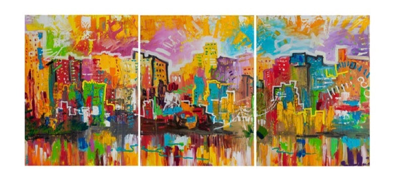Abstract cityscape triptych, three 48x36 inch panels by Tracee Gentry Matthews, sold