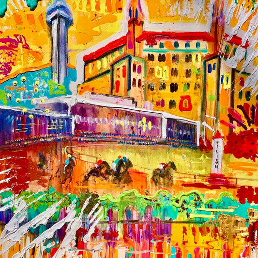 Hot Springs, Arkansas with horses racing at Oaklawn, painting by Tracee Gentry Matthews, sold