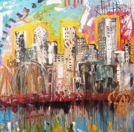 Abstract cityscape painting by Tracee Gentry Matthews, sold