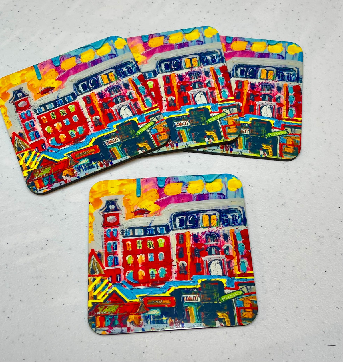 University of Arkansas coasters with Dickson Street, Old Main and Razorback, set of 4, by Tracee Gentry Matthews